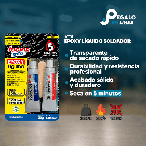 Infografía con características y beneficios de Fusion Epoxy ATT5 adhesivo epóxico líquido soldador, fuerza 2560 PSI, compresión 2560 PSI, resistencia 302 °F.