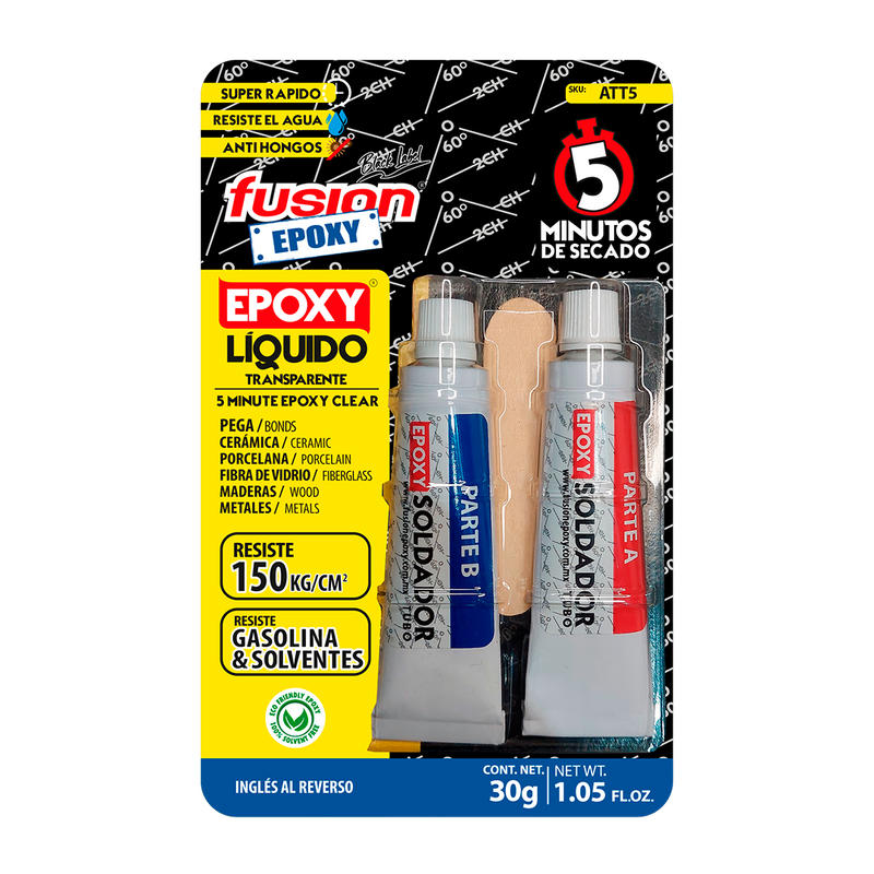 Imagen frontal de Fusion Epoxy ATT5 adhesivo epóxico líquido soldador tubo 5 minutos, fuerza 2560 PSI, compresión 2560 PSI, resistencia 302 °F, ideal para reparaciones rápidas en acero y metal.