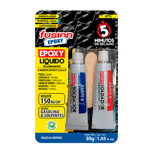Imagen frontal de Fusion Epoxy ATT5 adhesivo epóxico líquido soldador tubo 5 minutos, fuerza 2560 PSI, compresión 2560 PSI, resistencia 302 °F, ideal para reparaciones rápidas en acero y metal.