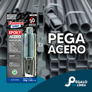 Epoxy Acero Líquido Fusion Epoxy AJLA30 de 30 g en jeringa sobre fondo de tubos y perfiles de acero, pega acero, seca en 30 minutos, resiste hasta 180 kg/cm² para reparaciones en metales