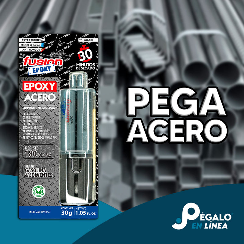 Epoxy Acero Líquido Fusion Epoxy AJLA30 de 30 g en jeringa sobre fondo de tubos y perfiles de acero, pega acero, seca en 30 minutos, resiste hasta 180 kg/cm² para reparaciones en metales