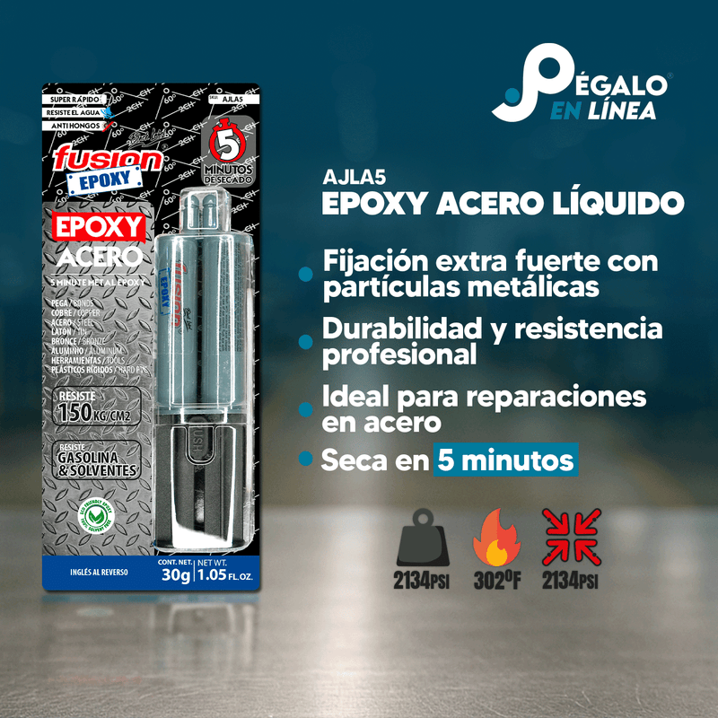 Infografía de características del Epoxy Acero Líquido AJLA5 de Fusion Epoxy de 30 g: fijación extra fuerte con partículas metálicas, ideal para reparaciones en acero, seca en 5 minutos, resistencia 2134 PSI y hasta 302 °F