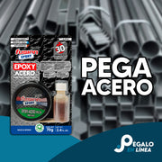 Epoxy Acero Pasta Fusion Epoxy ALAP30 de 70 g en lata con frasco sobre fondo de tubos y perfiles de acero, pega acero, seca en 30 minutos, resiste hasta 180 kg/cm² para reparaciones en metales y concreto