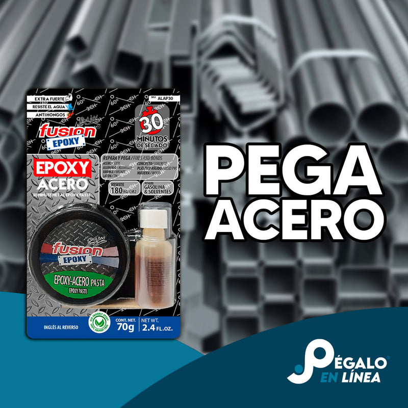 Epoxy Acero Pasta Fusion Epoxy ALAP30 de 70 g en lata con frasco sobre fondo de tubos y perfiles de acero, pega acero, seca en 30 minutos, resiste hasta 180 kg/cm² para reparaciones en metales y concreto