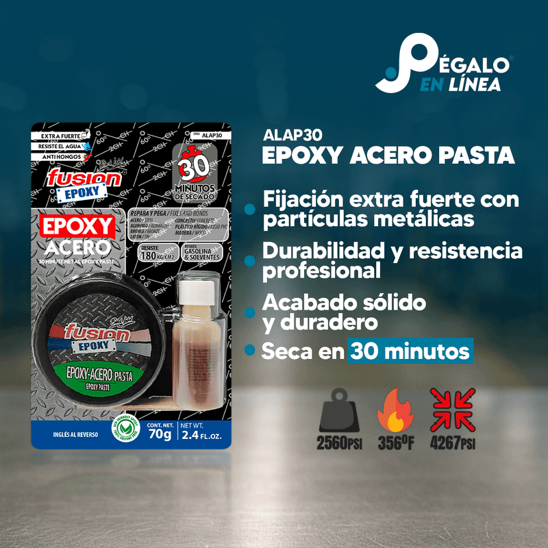 Infografía de características del Epoxy Acero Pasta ALAP30 de Fusion Epoxy de 70 g: fijación extra fuerte con partículas metálicas, acabado sólido y duradero, seca en 30 minutos, resistencia 2560 PSI y hasta 356 °F