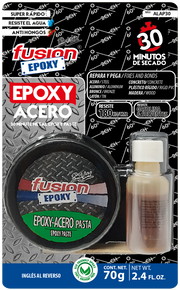 Epoxy Acero Pasta Fusion Epoxy en lata de 70 g con frasco endurecedor, secado en 30 minutos, resiste hasta 180 kg/cm², repara y pega acero, aluminio, bronce, latón, concreto, plástico rígido y madera, resistente a gasolina y solventes