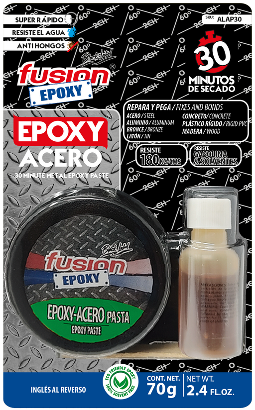Epoxy Acero Pasta Fusion Epoxy en lata de 70 g con frasco endurecedor, secado en 30 minutos, resiste hasta 180 kg/cm², repara y pega acero, aluminio, bronce, latón, concreto, plástico rígido y madera, resistente a gasolina y solventes