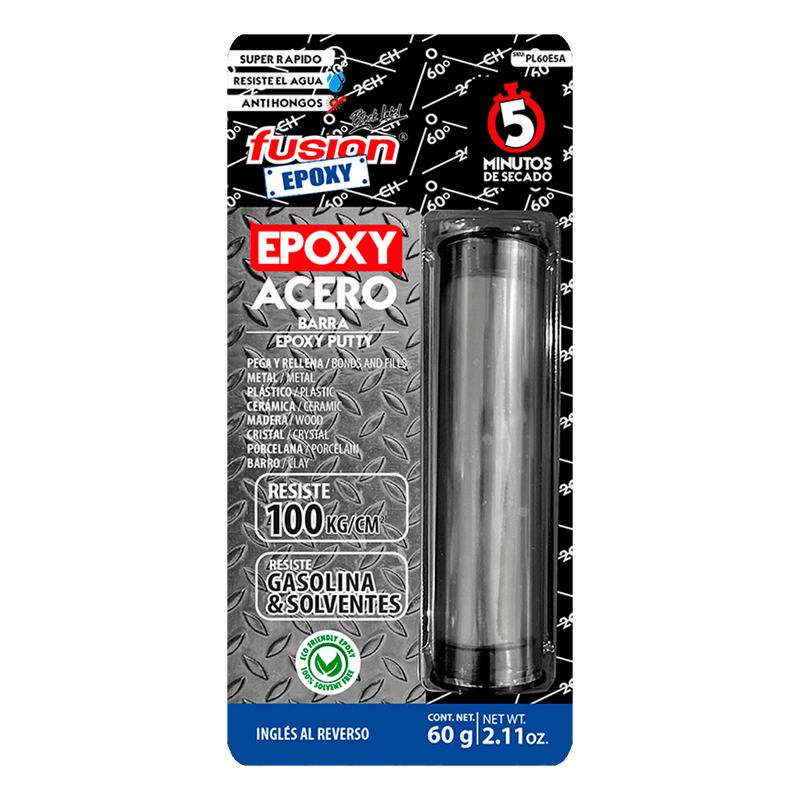 Epoxy Acero Plastilina en barra integrada Fusion Epoxy de 60 g, secado en 5 minutos, pega y rellena metal, plástico, cerámica, madera, porcelana y barro, resiste hasta 100 kg/cm², gasolina y solventes