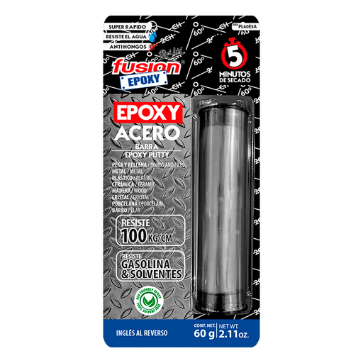 Epoxy Acero Plastilina en barra integrada Fusion Epoxy de 60 g, secado en 5 minutos, pega y rellena metal, plástico, cerámica, madera, porcelana y barro, resiste hasta 100 kg/cm², gasolina y solventes