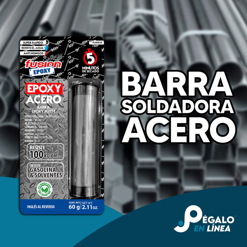 Epoxy Acero Plastilina en barra Fusion Epoxy PL60E5A de 60 g sobre fondo de tubos y perfiles de acero, secado en 5 minutos, pega y rellena metal, plástico, cerámica y madera, resiste hasta 100 kg/cm²
