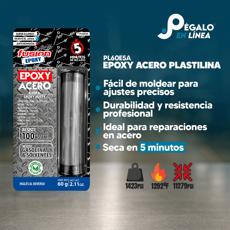 Infografía de características del Epoxy Acero Plastilina PL60E5A de Fusion Epoxy de 60 g: fácil de moldear para ajustes precisos, ideal para reparaciones en acero, seca en 5 minutos, resistencia 1423 PSI y hasta 1292 °F