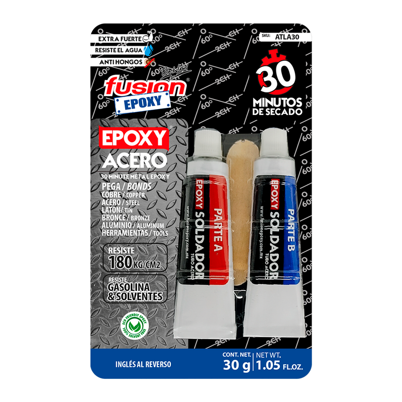 Epoxy Acero Soldador Fusion Epoxy en tubo, kit Parte A y Parte B de 30 g, secado en 30 minutos, resiste hasta 180 kg/cm², pega cobre, acero, latón, bronce, aluminio y herramientas, resistente a gasolina y solventes