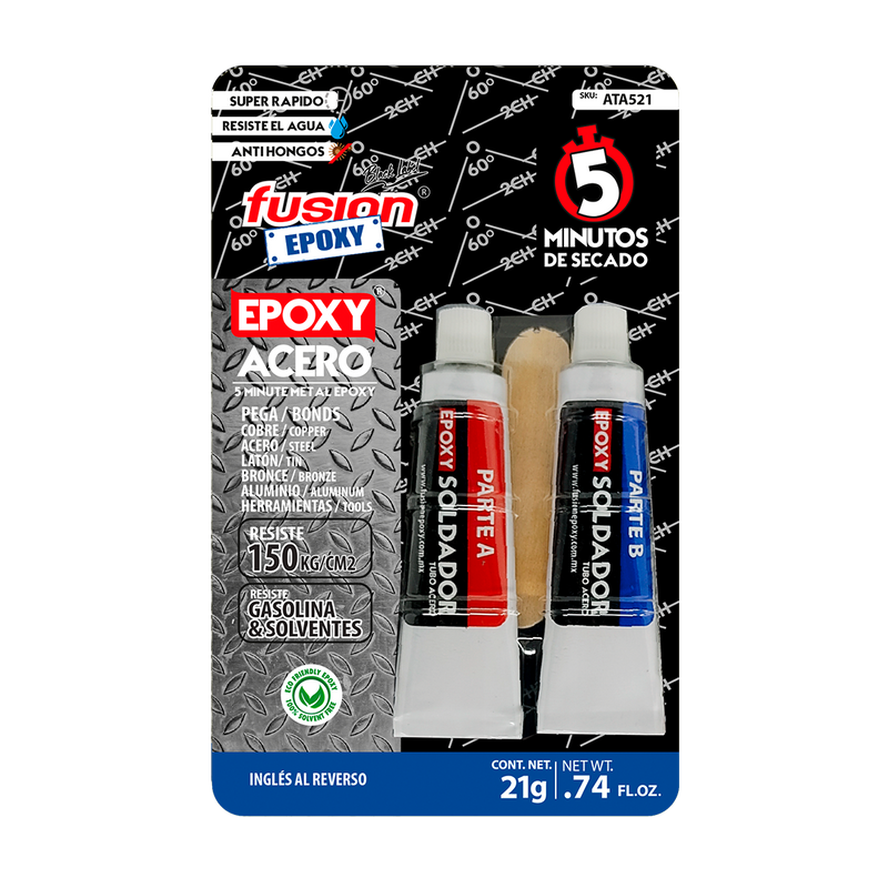 Epoxy Acero Soldador Fusion Epoxy en tubo, kit Parte A y Parte B de 21 g, secado en 5 minutos, pega acero, cobre, latón, bronce, aluminio y herramientas, resiste hasta 150 kg/cm², gasolina y solventes