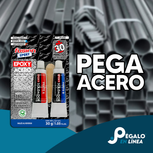 Epoxy Acero Soldador Fusion Epoxy ATLA30 en tubo de 30 g sobre fondo de tubos y perfiles de acero, kit Parte A y Parte B, seca en 30 minutos, resiste hasta 180 kg/cm² para reparaciones en metales