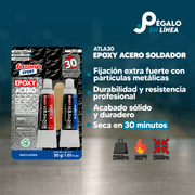 Infografía de características del Epoxy Acero Soldador en Tubo ATLA30 de Fusion Epoxy de 30 g: fijación extra fuerte con partículas metálicas, acabado sólido y duradero, seca en 30 minutos, resistencia 2560 PSI y hasta 302 °F