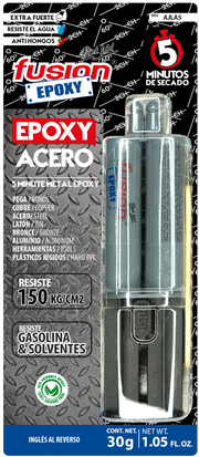 Epoxy Líquido Acero Fusion Epoxy en jeringa de 30 g, secado en 5 minutos, resiste hasta 150 kg/cm², pega cobre, acero, latón, bronce, aluminio, herramientas y plásticos rígidos, resistente a gasolina y solventes