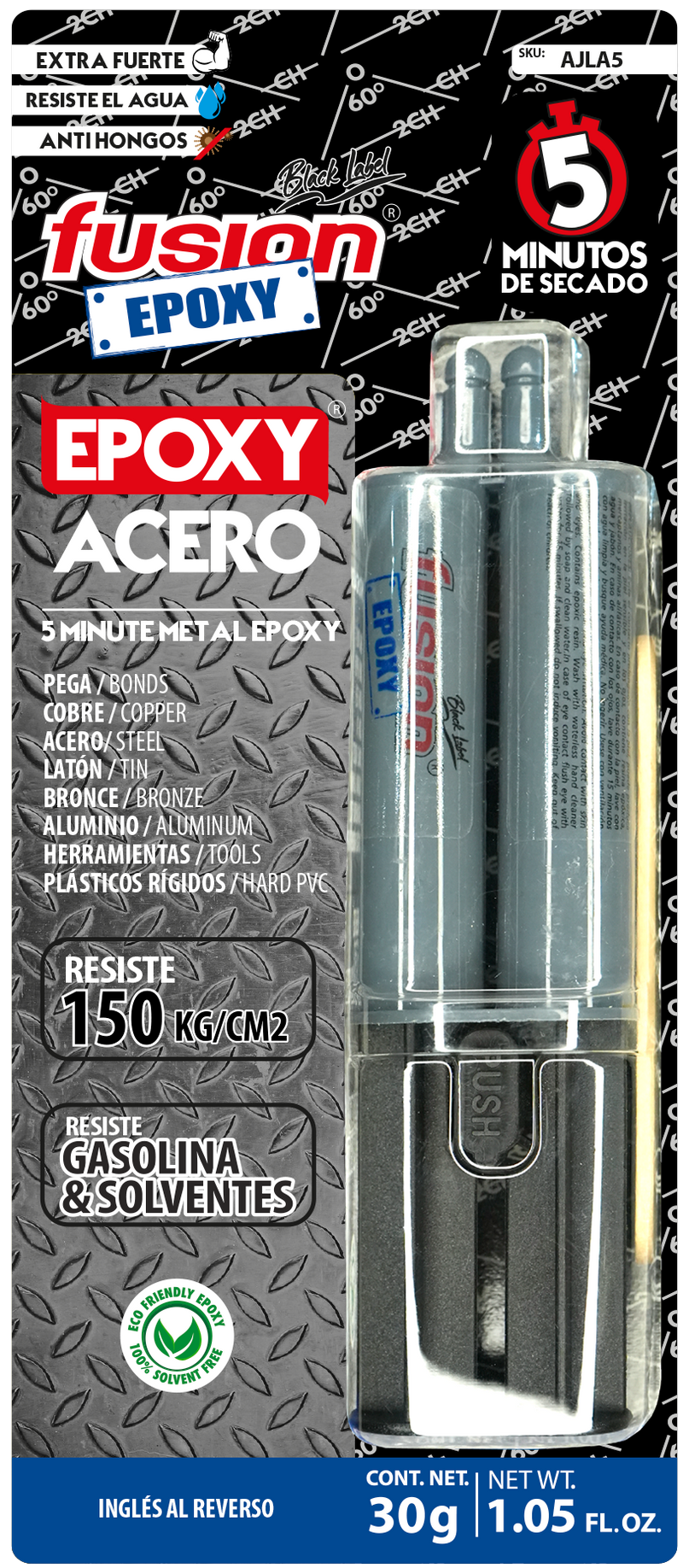 Epoxy Líquido Acero Fusion Epoxy en jeringa de 30 g, secado en 5 minutos, resiste hasta 150 kg/cm², pega cobre, acero, latón, bronce, aluminio, herramientas y plásticos rígidos, resistente a gasolina y solventes