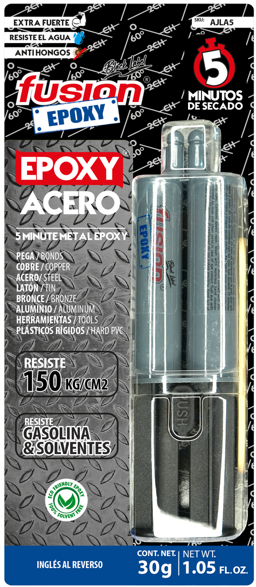 Epoxy Líquido Acero Fusion Epoxy en jeringa de 30 g, secado en 5 minutos, resiste hasta 150 kg/cm², pega cobre, acero, latón, bronce, aluminio, herramientas y plásticos rígidos, resistente a gasolina y solventes