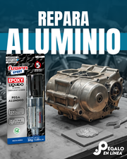 Epoxy Líquido Aluminio Fusion Epoxy AJAL5 de 30 g junto a un monoblock de motor de aluminio agrietado, repara aluminio, seca en 5 minutos, resiste hasta 150 kg/cm² para reparaciones automotrices