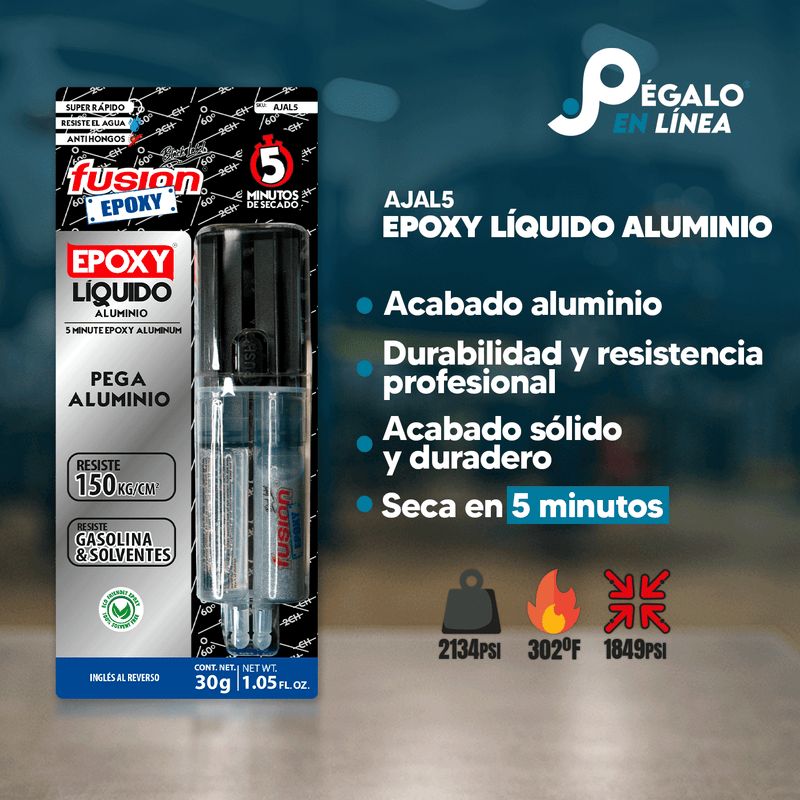 Infografía de características del Epoxy Líquido Aluminio AJAL5 de Fusion Epoxy de 30 g: acabado aluminio, acabado sólido y duradero, seca en 5 minutos, resistencia 2134 PSI y hasta 302 °F