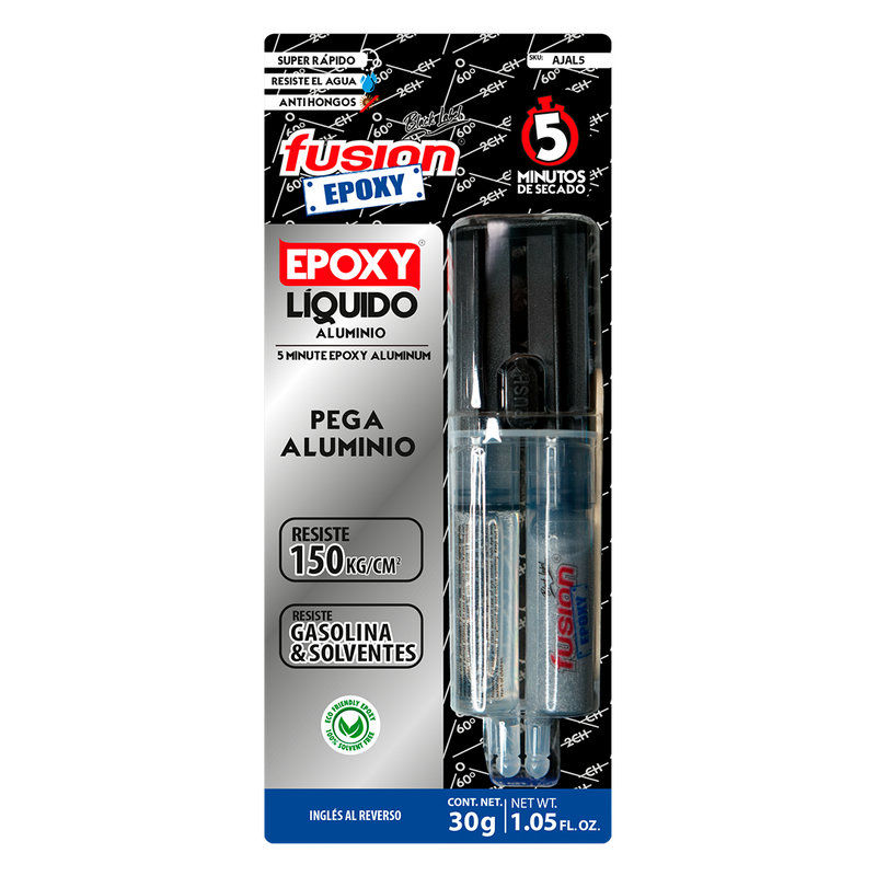 Epoxy Líquido Aluminio Fusion Epoxy en jeringa de 30 g, secado en 5 minutos, pega aluminio, resiste hasta 150 kg/cm², resistente al agua, gasolina y solventes