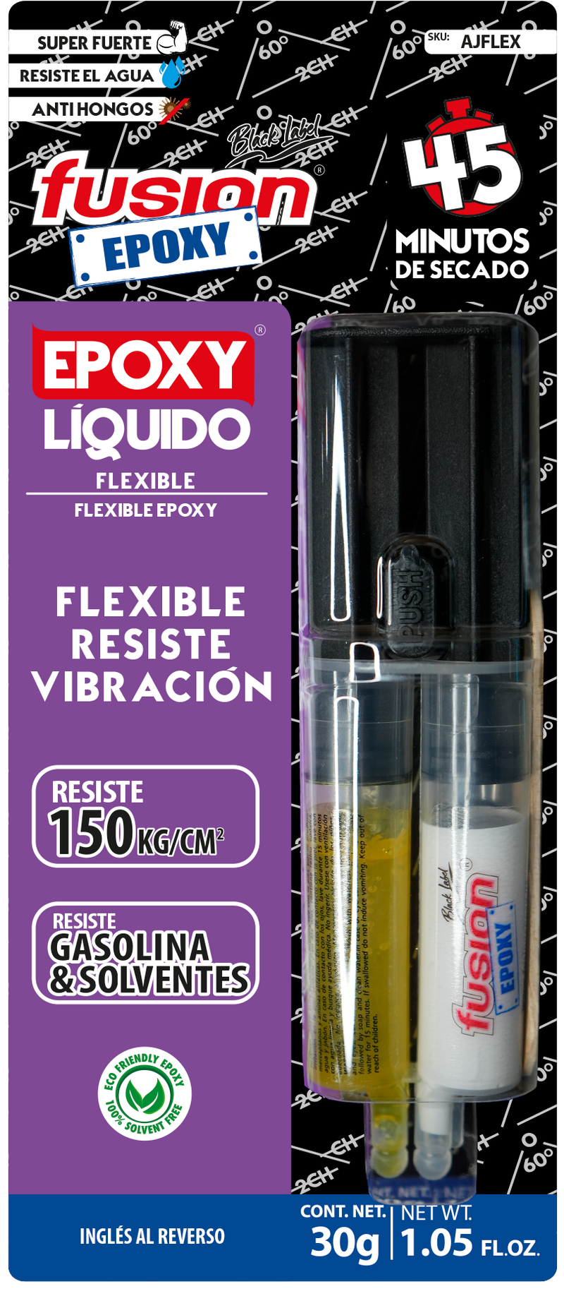Epoxy Líquido Flexible Fusion Epoxy en jeringa de 30 g, secado en 45 minutos, resiste vibración hasta 150 kg/cm², resistente al agua, gasolina y solventes