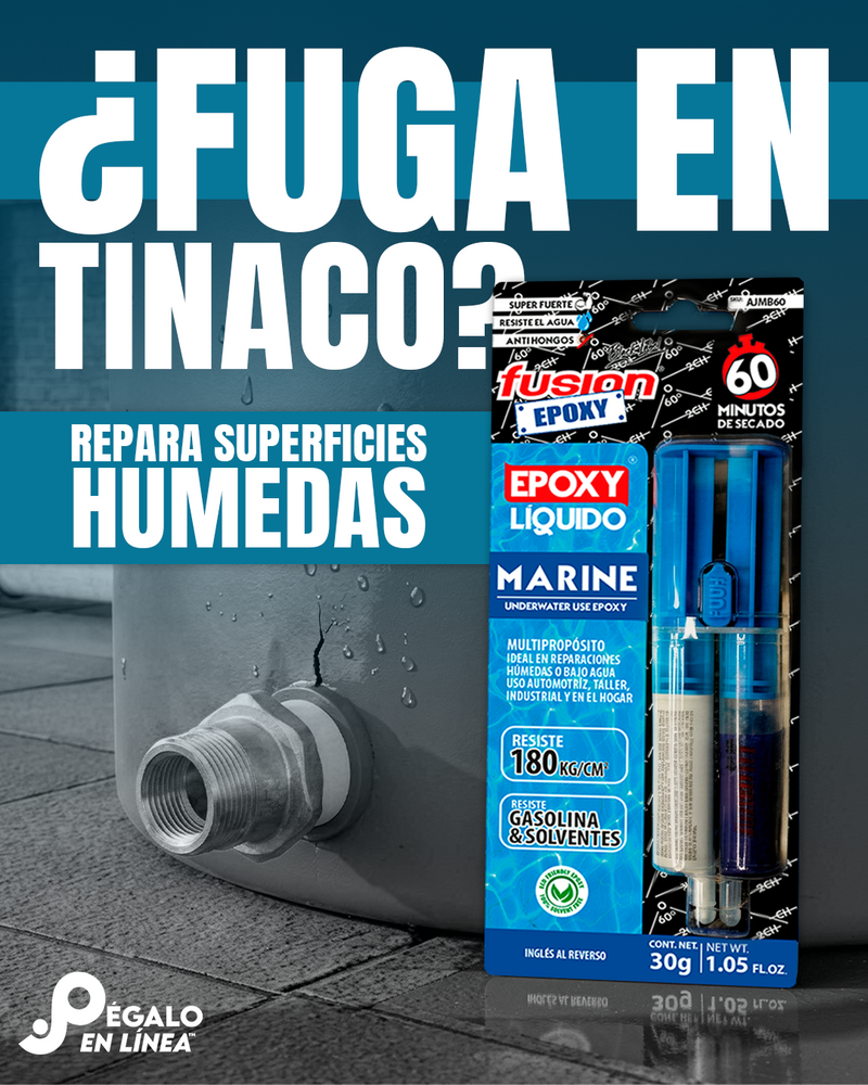 Epoxy Líquido Marine Fusion Epoxy AJMB60 de 30 g para reparar fugas en tinacos y superficies húmedas, adherencia fuerte en tuberías y conexiones mojadas, seca en 60 minutos
