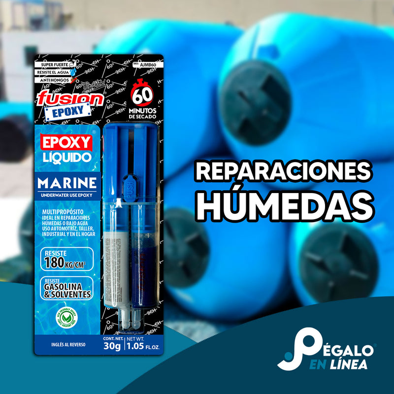Epoxy Líquido Marine Fusion Epoxy AJMB60 de 30 g junto a tinacos de agua, ideal para reparaciones en superficies húmedas y bajo el agua, seca en 60 minutos