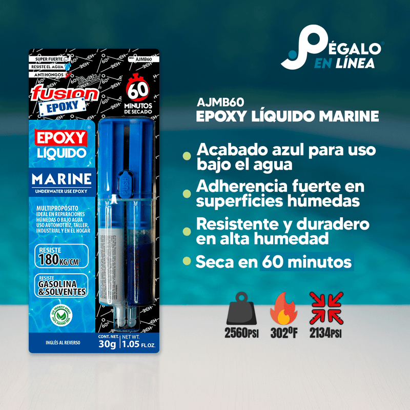 Infografía de características del Epoxy Líquido Marine AJMB60 de Fusion Epoxy de 30 g: acabado azul para uso bajo el agua, adherencia fuerte en superficies húmedas, resistente y duradero en alta humedad, seca en 60 minutos
