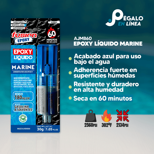 Infografía de características del Epoxy Líquido Marine AJMB60 de Fusion Epoxy de 30 g: acabado azul para uso bajo el agua, adherencia fuerte en superficies húmedas, resistente y duradero en alta humedad, seca en 60 minutos