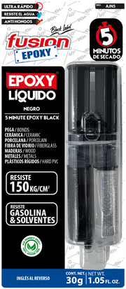 Epoxy Líquido Negro Fusion Epoxy en jeringa de 30 g, secado en 5 minutos, acabado negro, resiste hasta 150 kg/cm², pega cerámica, porcelana, fibra de vidrio, madera, metales y plásticos rígidos, resistente a gasolina y solventes