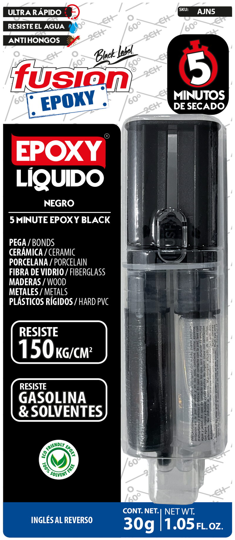 Epoxy Líquido Negro Fusion Epoxy en jeringa de 30 g, secado en 5 minutos, acabado negro, resiste hasta 150 kg/cm², pega cerámica, porcelana, fibra de vidrio, madera, metales y plásticos rígidos, resistente a gasolina y solventes