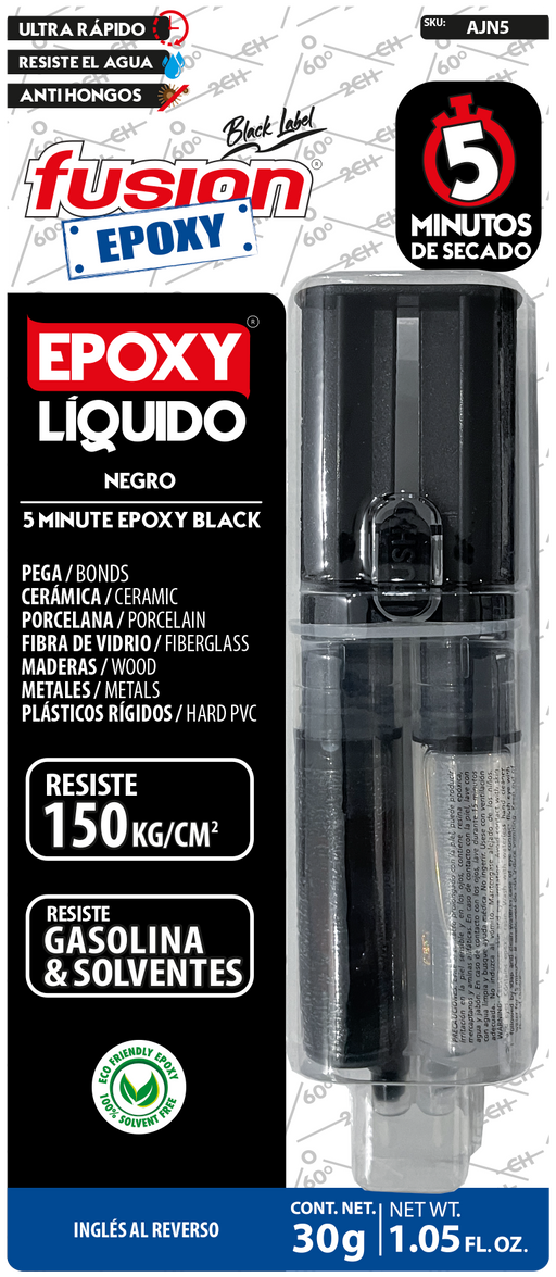 Epoxy Líquido Negro Fusion Epoxy en jeringa de 30 g, secado en 5 minutos, acabado negro, resiste hasta 150 kg/cm², pega cerámica, porcelana, fibra de vidrio, madera, metales y plásticos rígidos, resistente a gasolina y solventes