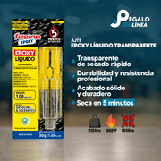 Infografía de características del Epoxy Líquido Transparente AJT5 de Fusion Epoxy de 30 g: transparente de secado rápido, acabado sólido y duradero, seca en 5 minutos, resistencia 2134 PSI y hasta 302 °F
