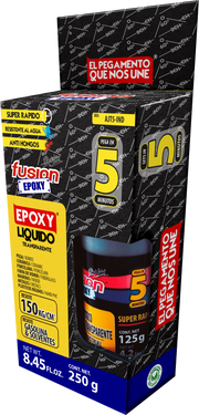 Epoxy Líquido Transparente Industrial Fusion Epoxy AJT5-IND de 250 g, presentación en caja con frasco, pega en 5 minutos, resiste hasta 150 kg/cm², para cerámica, porcelana, fibra de vidrio, madera, metales y plásticos rígidos