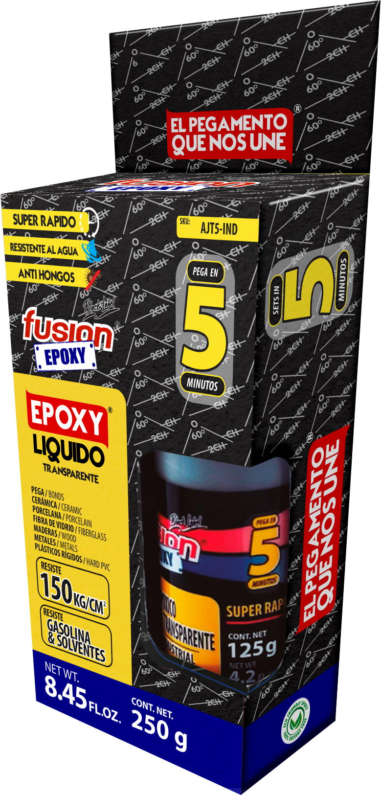 Epoxy Líquido Transparente Industrial Fusion Epoxy AJT5-IND de 250 g, presentación en caja con frasco, pega en 5 minutos, resiste hasta 150 kg/cm², para cerámica, porcelana, fibra de vidrio, madera, metales y plásticos rígidos