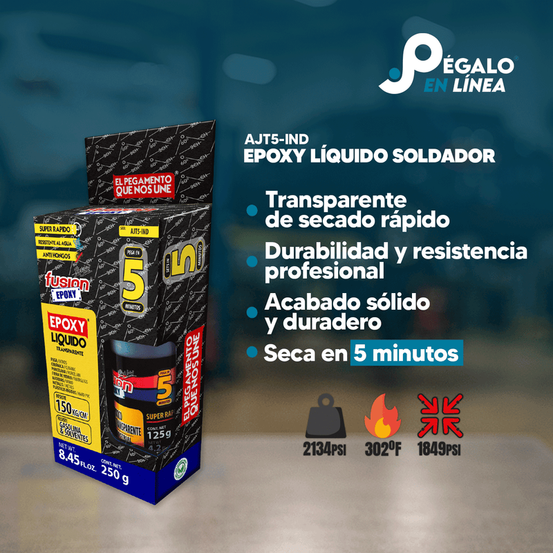 Infografía de características del Epoxy Líquido Transparente Industrial AJT5-IND de Fusion Epoxy de 250 g: transparente de secado rápido, acabado sólido y duradero, seca en 5 minutos, resistencia 2134 PSI y hasta 302 °F