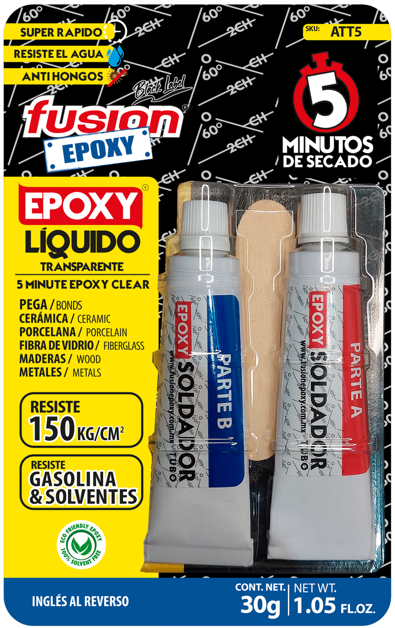 Epoxy Líquido Transparente Soldador Fusion Epoxy en tubo, kit Parte A y Parte B de 30 g, secado en 5 minutos, resiste hasta 150 kg/cm², pega cerámica, porcelana, fibra de vidrio, madera y metales, incluye paleta de mezclado