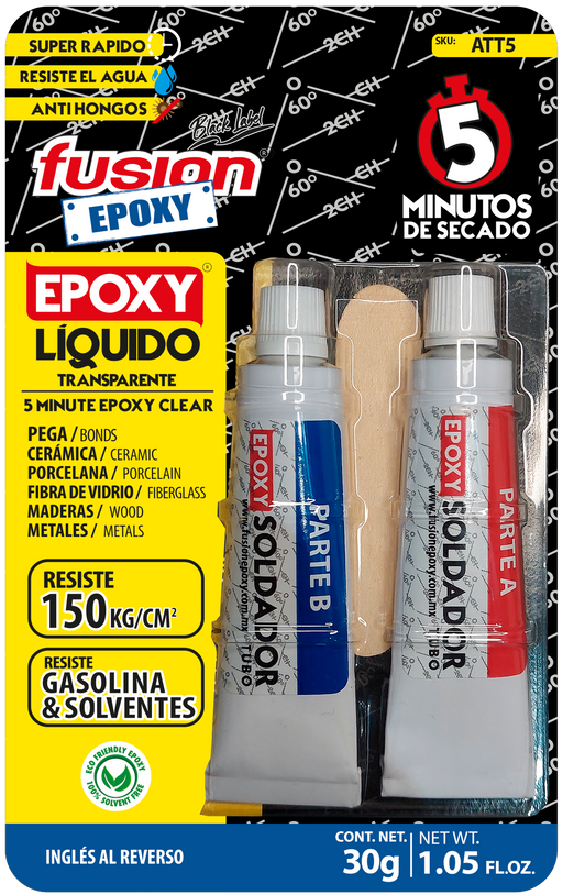 Epoxy Líquido Transparente Soldador Fusion Epoxy en tubo, kit Parte A y Parte B de 30 g, secado en 5 minutos, resiste hasta 150 kg/cm², pega cerámica, porcelana, fibra de vidrio, madera y metales, incluye paleta de mezclado