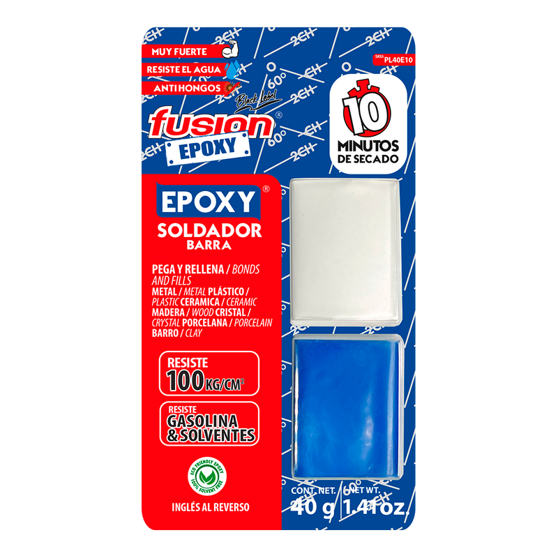 Epoxy Plastilina Soldador en barra Fusion Epoxy de 40 g, secado en 10 minutos, pega y rellena metal, plástico, cerámica, madera y porcelana, resiste agua, gasolina y solventes