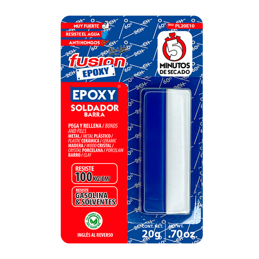 Epoxy Plastilina Soldador en barra Fusion Epoxy de 20 g, secado en 5 minutos, pega y rellena metal, plástico, cerámica, madera y porcelana, resiste agua, gasolina y solventes