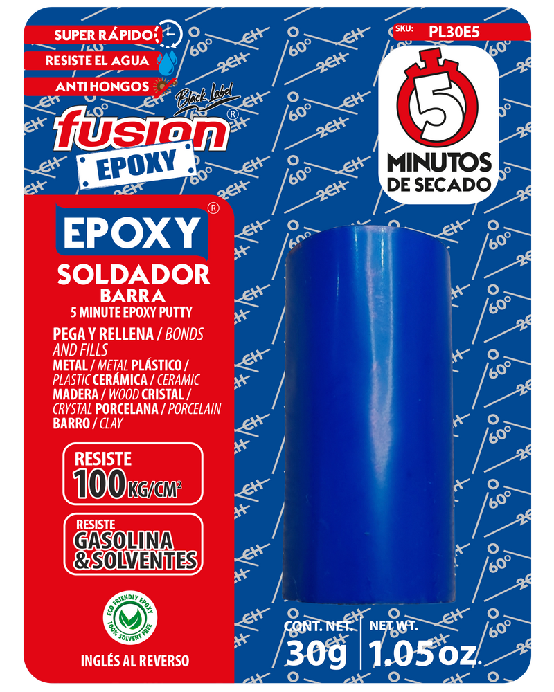 Epoxy Plastilina Soldador en barra Fusion Epoxy de 30 g, secado en 5 minutos, pega y rellena metal, plástico, cerámica, madera y porcelana, resiste agua, gasolina y solventes