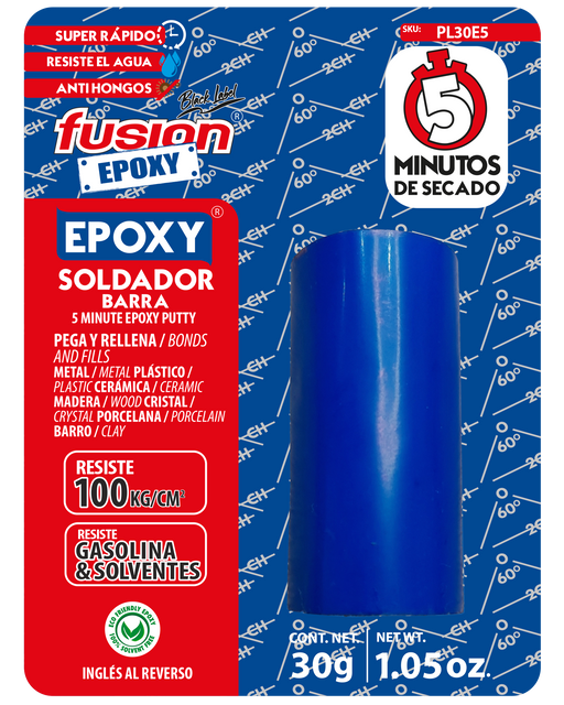 Epoxy Plastilina Soldador en barra Fusion Epoxy de 30 g, secado en 5 minutos, pega y rellena metal, plástico, cerámica, madera y porcelana, resiste agua, gasolina y solventes
