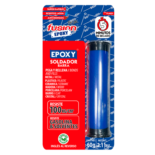 Epoxy Soldador en Barra Fusion Epoxy de 60 g, secado en 5 minutos, plastilina epóxica que pega y rellena metal, plástico, cerámica, madera, porcelana, barro y cristal, resiste hasta 100 kg/cm², gasolina y solventes