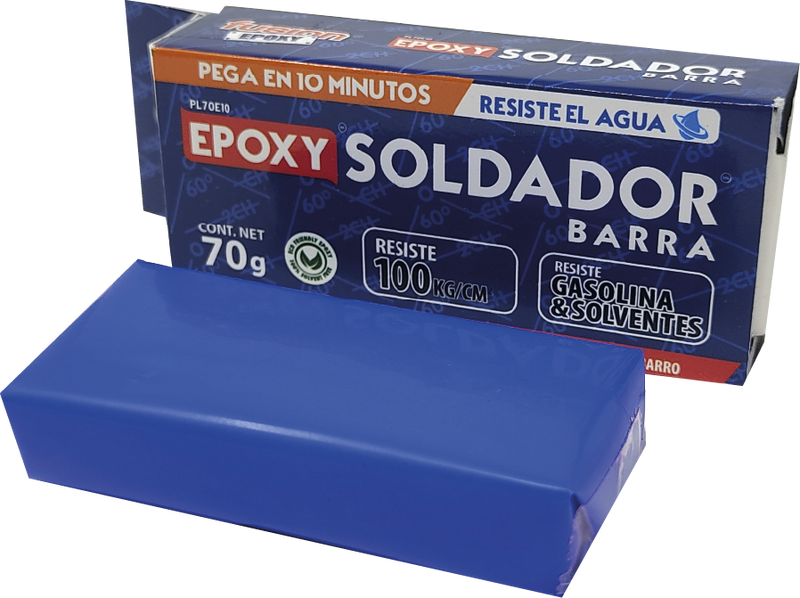 Epoxy Soldador en Barra Fusion Epoxy de 70 g con la barra epóxica azul a la vista, plastilina moldeable que pega y rellena, pega en 10 minutos, resistente al agua