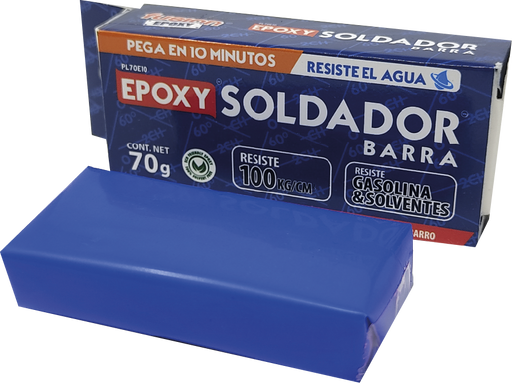 Epoxy Soldador en Barra Fusion Epoxy de 70 g con la barra epóxica azul a la vista, plastilina moldeable que pega y rellena, pega en 10 minutos, resistente al agua