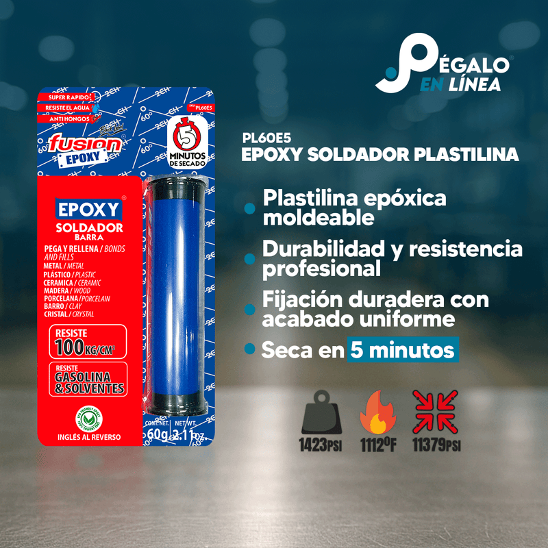 Infografía de características del Epoxy Soldador en Barra Fusion Epoxy de 60 g: plastilina epóxica moldeable, durabilidad y resistencia profesional, fijación duradera con acabado uniforme, seca en 5 minutos