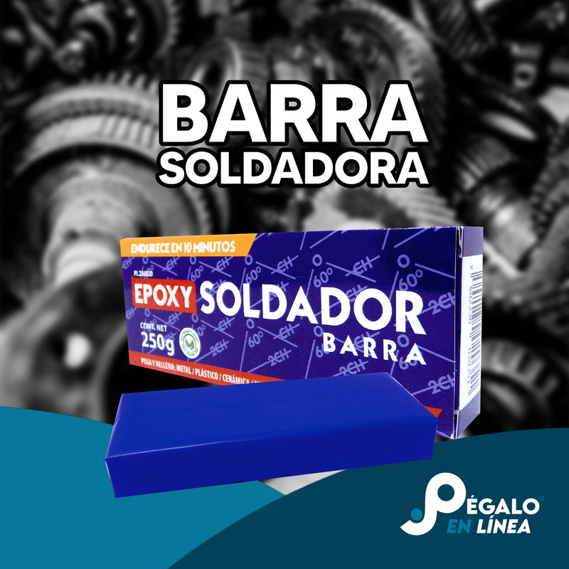 Epoxy Soldador Barra Fusion Epoxy PL250E10 de 250 g sobre fondo de engranajes metálicos, plastilina epóxica moldeable que endurece en 10 minutos para reparaciones de metal, plástico y cerámica