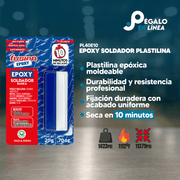 Infografía con características y beneficios de Epoxy Soldador Plastilina PL20E10, adhesivo epóxico moldeable de alta resistencia para materiales rígidos.