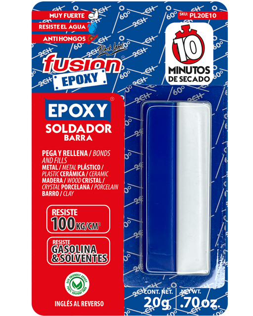 Imagen frontal de Epoxy Soldador Plastilina 10 Minutos PL20E10, adhesivo epóxico moldeable de alta resistencia, fondo transparente.